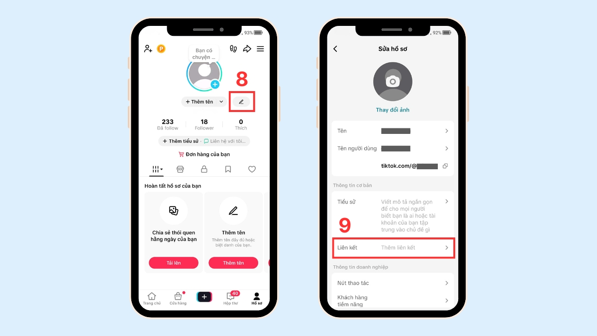 Chạm vào mục liên kết trong hồ sơ để cách liên kết tiktok với shopee Bio.