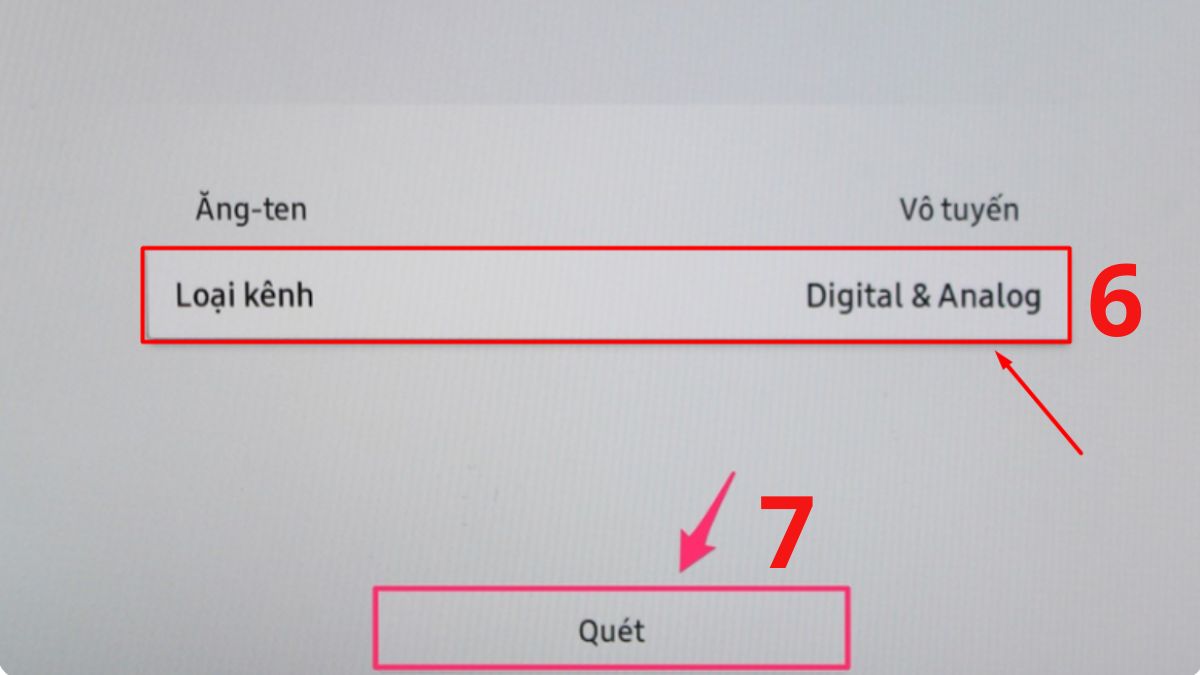 Chọn Loại kênh Digital & Analog, nhấn Quét để thực hiện cách dò kênh kỹ thuật số trên tivi samsung