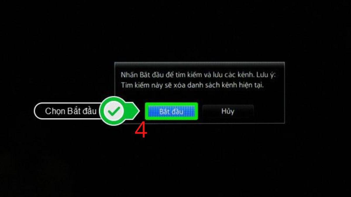 Nhấn nút Bắt đầu để tiến hành cách dò kênh kỹ thuật số trên tivi samsung