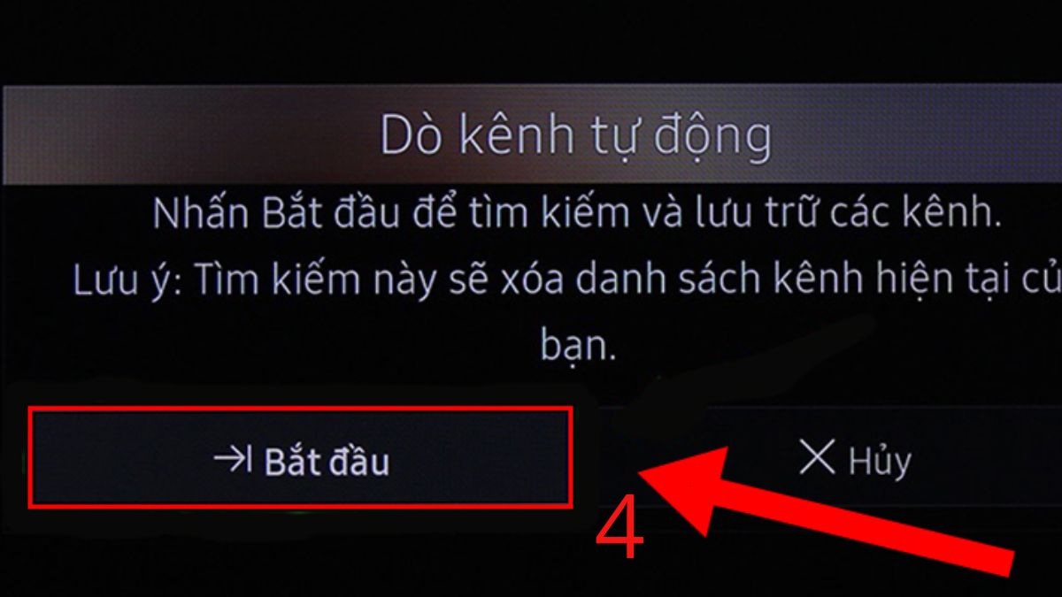 Hộp thoại Dò kênh tự động, nhấn Bắt đầu để tiến hành dò đài tivi samsung