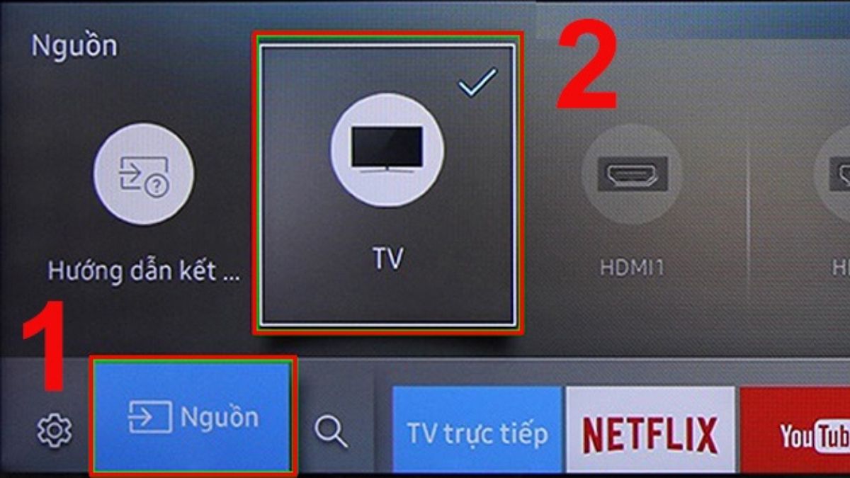 Giao diện Trang chủ Smart Tivi Samsung, chọn TV là nguồn để hướng dẫn dò kênh tivi