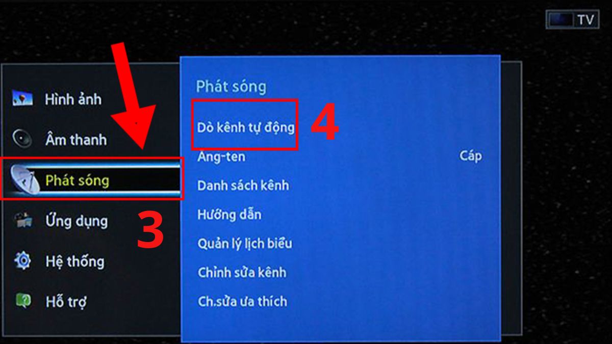 Menu Cài đặt, chọn Phát sóng và Dò kênh tự động để thực hiện dò kênh tivi samsung