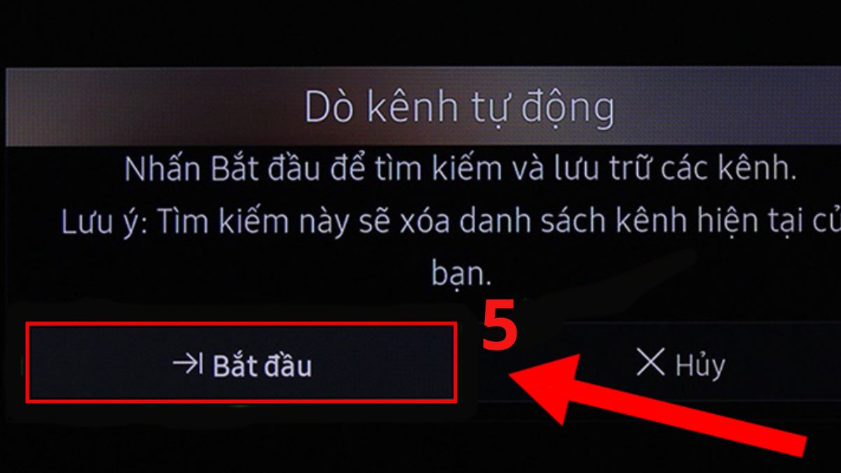 Nhấn Bắt đầu trong giao diện Dò kênh tự động tivi Samsung (Bước 3)