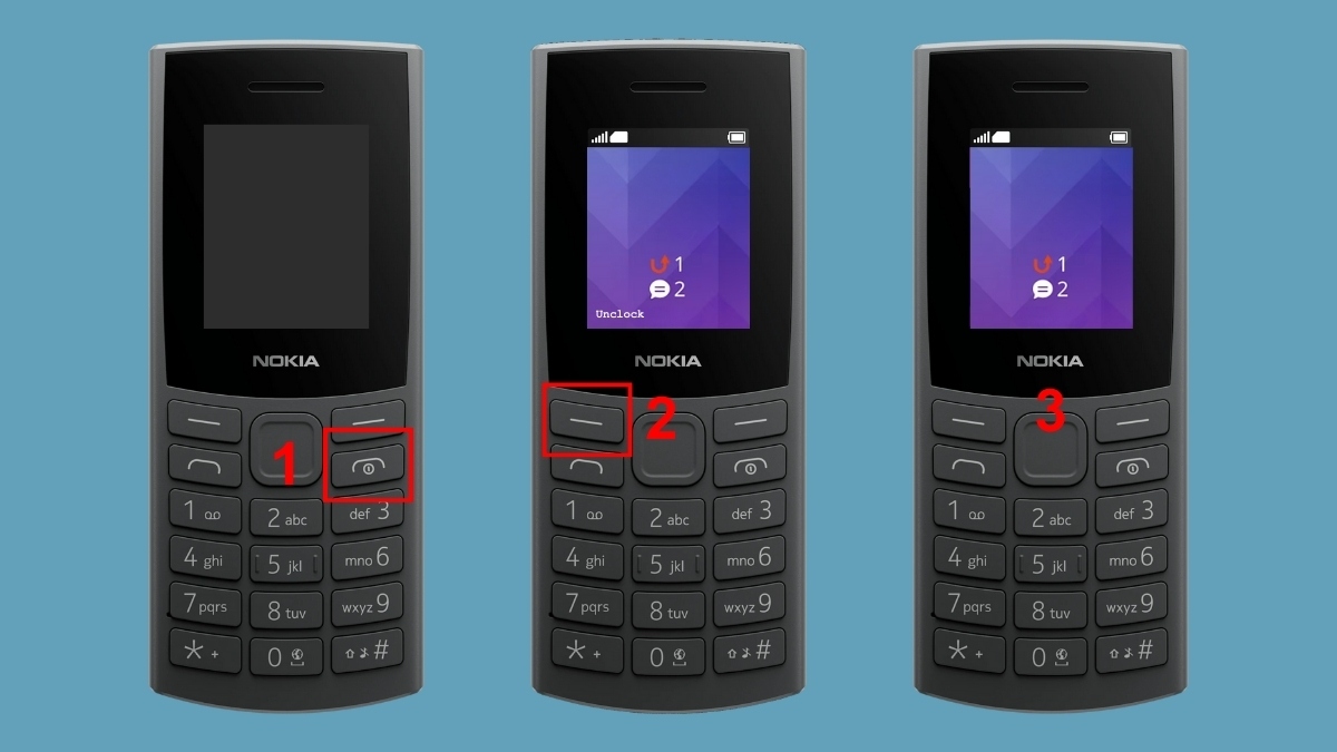 Cách mở khóa bàn phím Nokia 105 4G nhanh bằng phím chức năng trên màn hình.