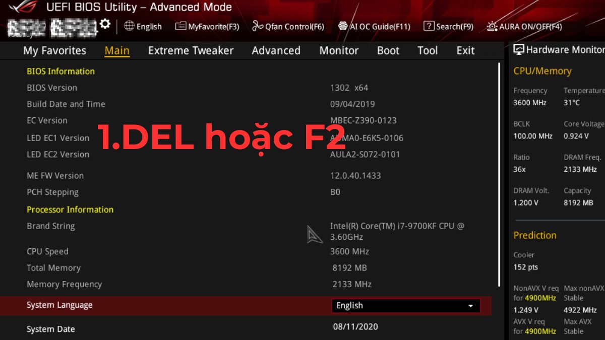 Giao diện BIOS ASUS hỗ trợ cách mở máy tính cây bằng bàn phím.