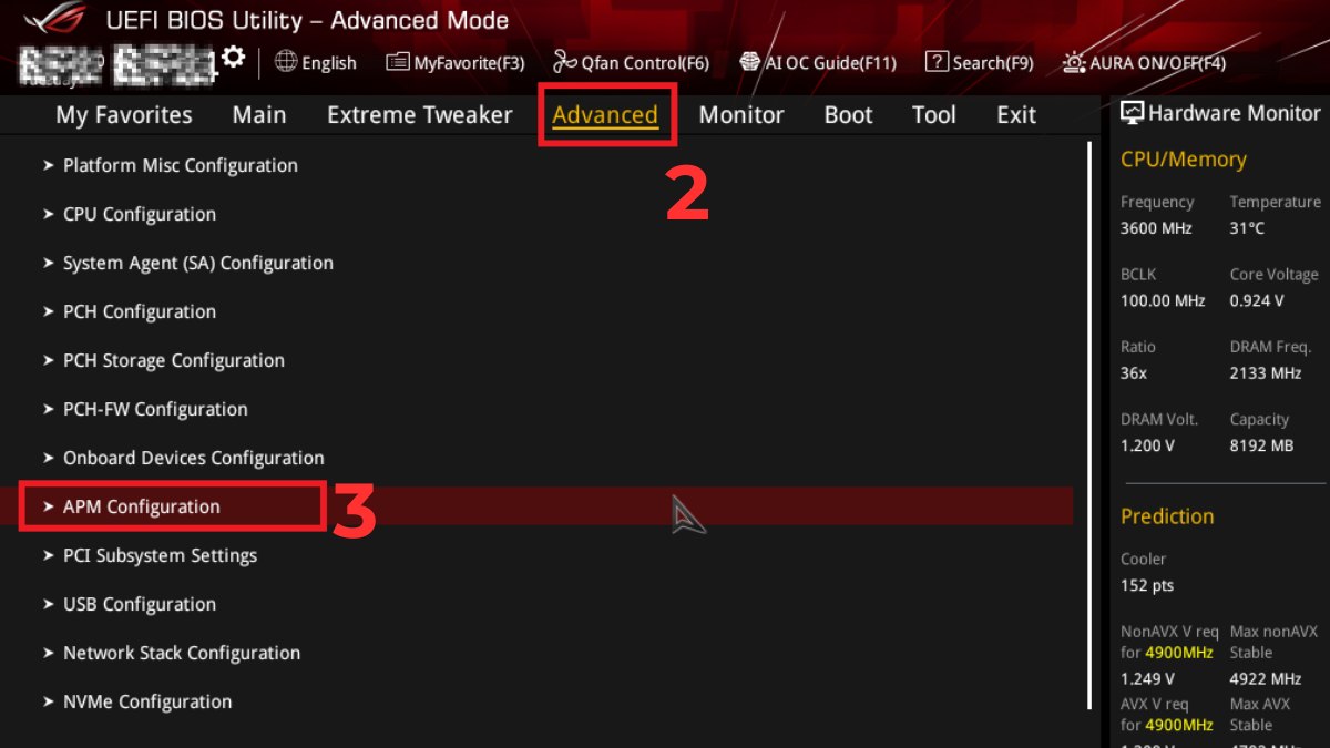Vào mục APM Configuration trên mainboard ASUS để cài đặt phím mở máy.
