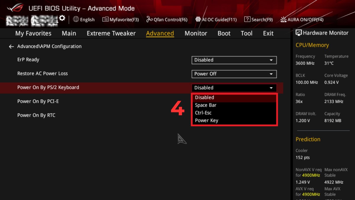 Tùy chỉnh Power On By PS/2 Keyboard cho cách mở máy tính cây bằng bàn phím ASUS.