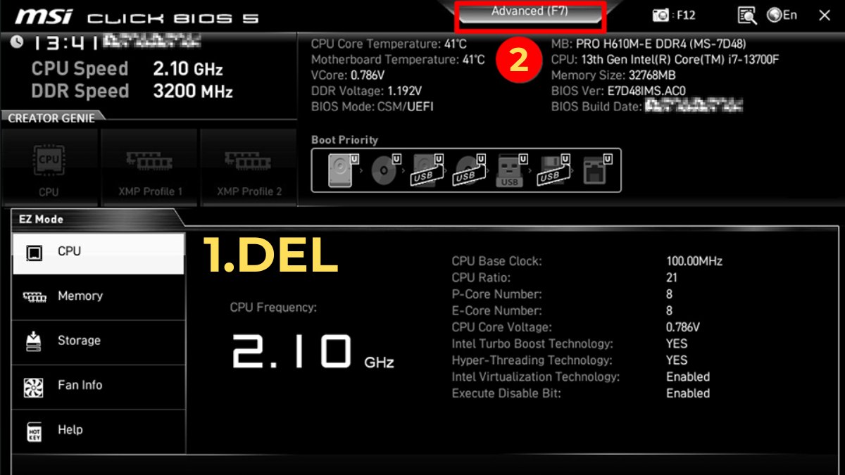 Giao diện Click BIOS MSI cài đặt cách mở máy tính cây bằng bàn phím.