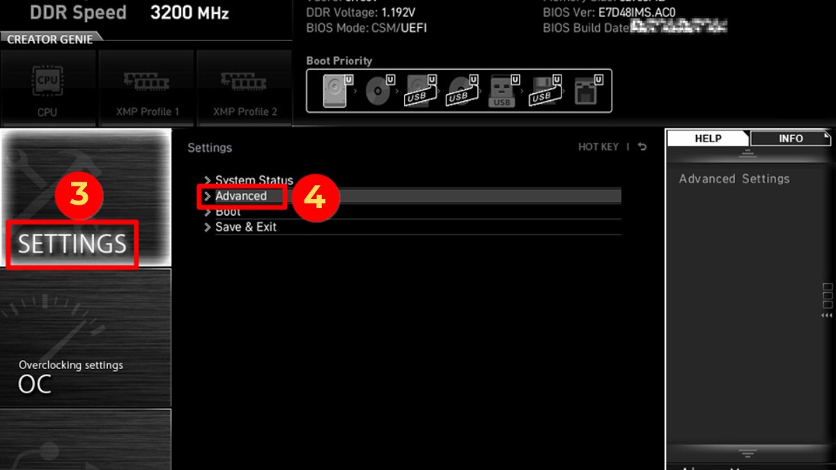 Truy cập Advanced Settings trên MSI để thiết lập bật máy bằng thiết bị ngoại vi.