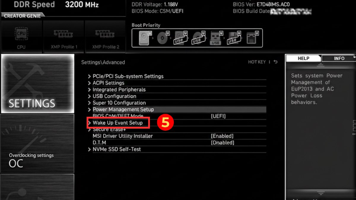Chọn Wake Up Event Setup để cài đặt cách mở máy tính cây bằng bàn phím MSI.