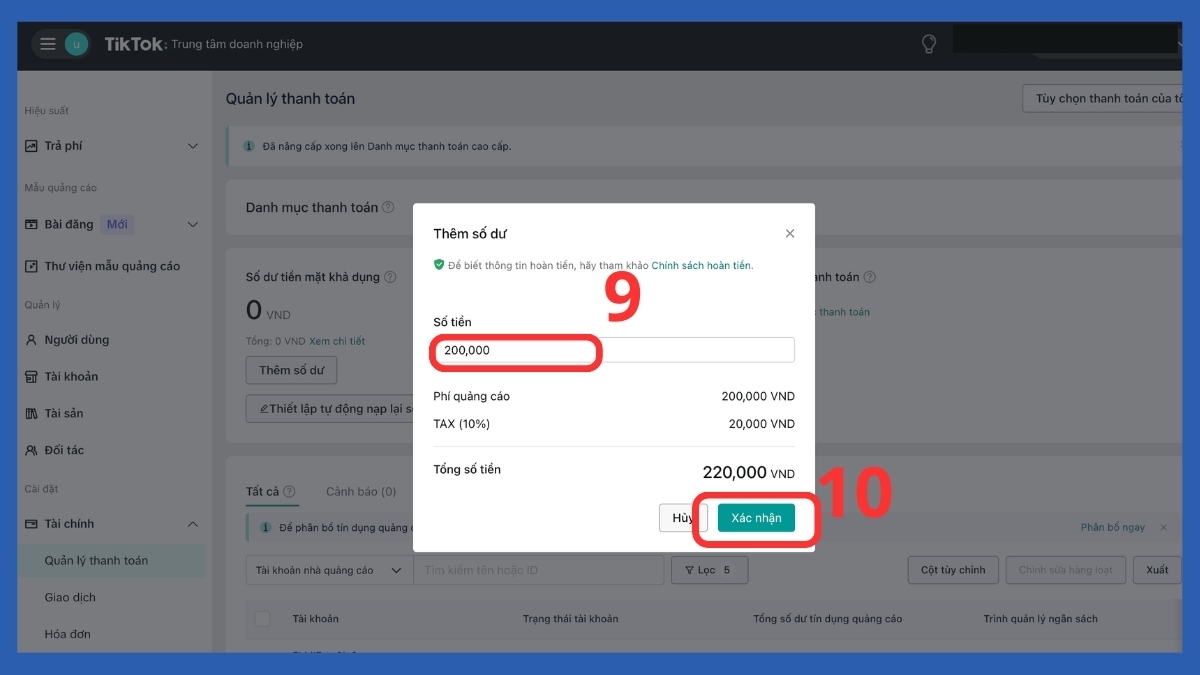 Nhập số tiền cụ thể để thực hiện cách nạp tiền vào tài khoản quảng cáo TikTok.
