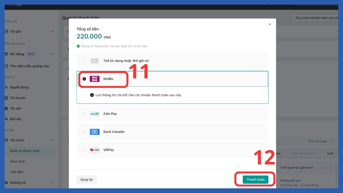 Chọn phương thức thanh toán MoMo để nạp tiền chạy quảng cáo TikTok.