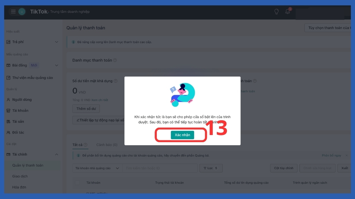 Xác nhận cho phép cửa sổ trình duyệt khi nạp tiền quảng cáo TikTok.