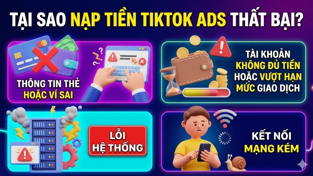 Các lỗi phổ biến khiến cách nạp tiền quảng cáo TikTok không thành công.