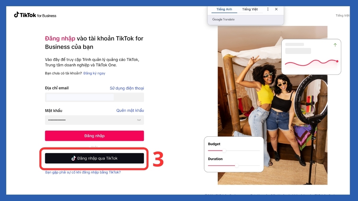 Giao diện đăng nhập tài khoản hỗ trợ cách nạp tiền vào tài khoản quảng cáo TikTok.