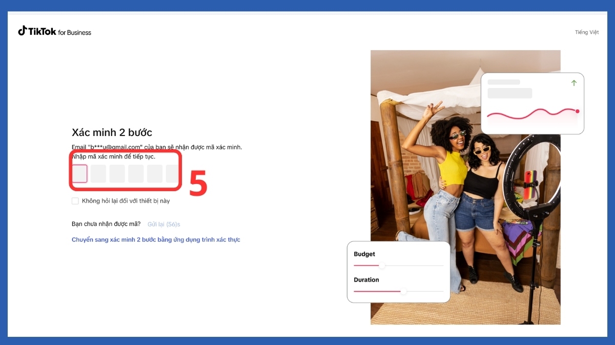 Bước xác minh bảo mật hai lớp trong quy trình cách nạp tiền quảng cáo TikTok.
