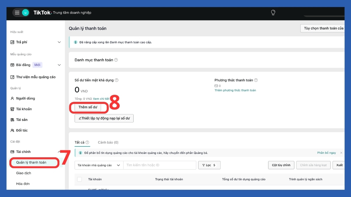 Nhấn thêm số dư trong mục quản lý thanh toán khi nạp tiền quảng cáo TikTok.