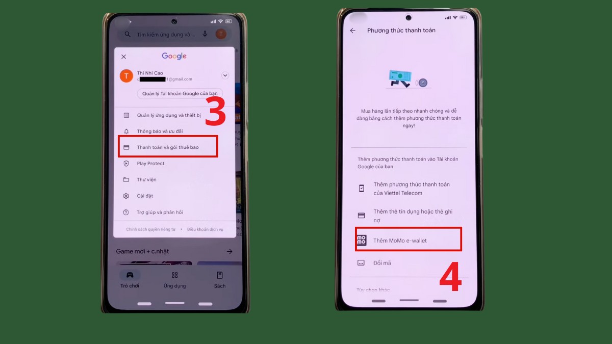 Giao diện chọn Thêm MoMo e-wallet làm phương thức thanh toán, hướng dẫn cách nạp tiền vào ch play bằng ví điện tử