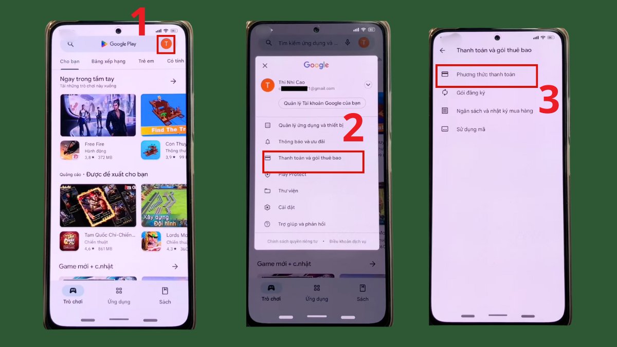Giao diện Google Play Store, các bước truy cập mục Phương thức thanh toán để thực hiện cách nạp tiền vào ch play bằng thẻ tín dụng