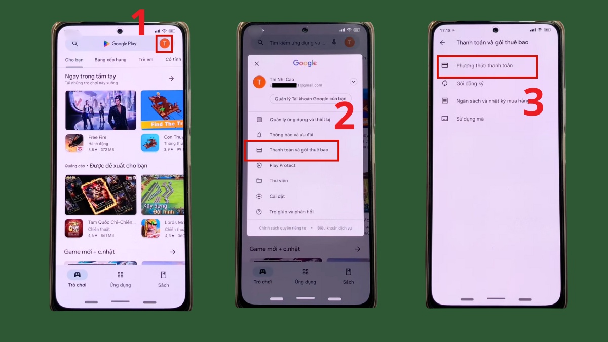 Giao diện chọn mục Thanh toán và gói thuê bao để tiếp tục thiết lập cách nạp tiền vào ch play