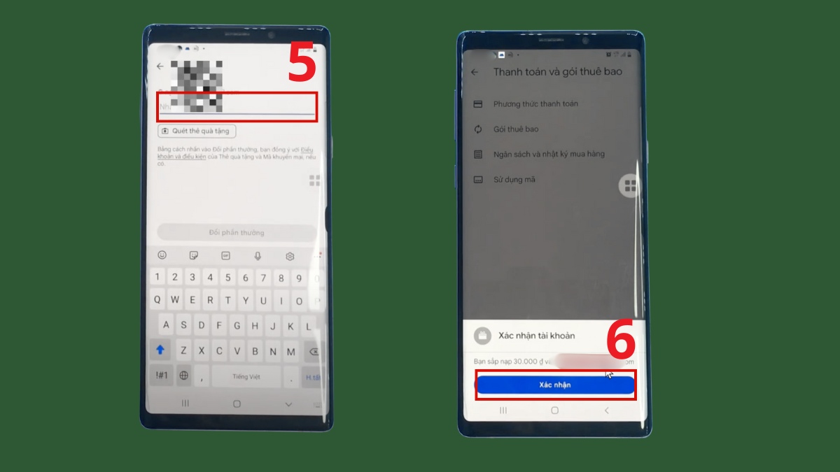 Giao diện nhập mã Gift Card và xác nhận, hướng dẫn nạp tiền vào ch play chi tiết