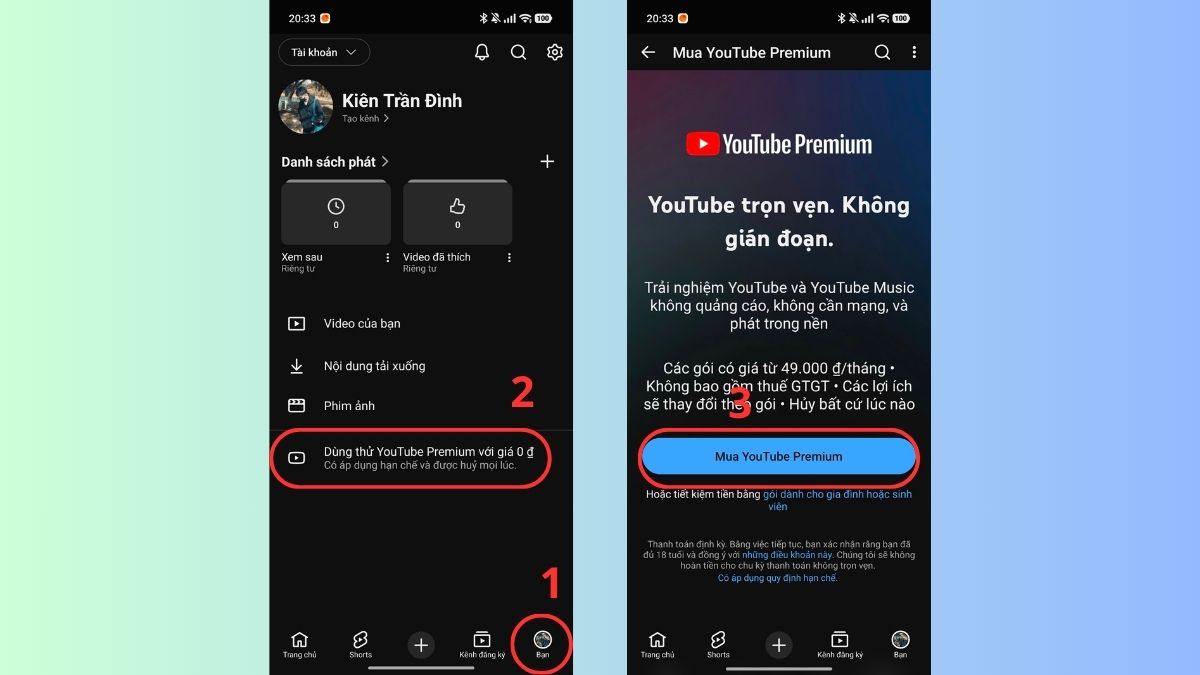 Nhấn chọn Dùng thử YouTube Premium để thực hiện cách nghe nhạc trên Youtube khi tắt màn hình.