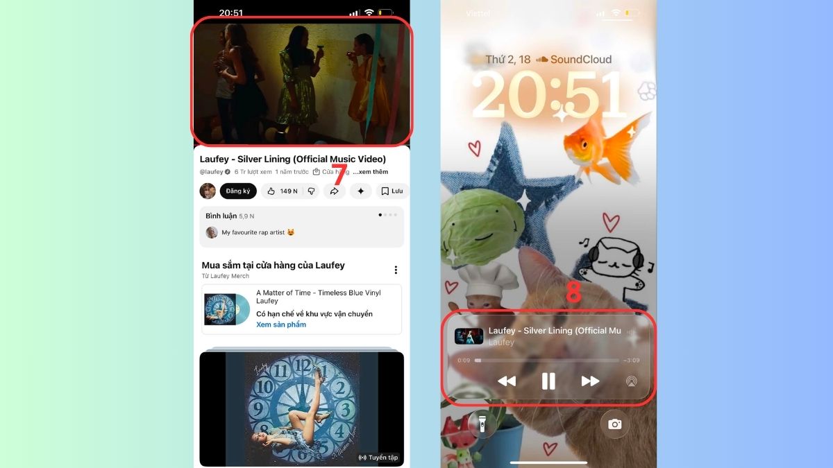 Giao diện nghe nhạc YouTube tắt màn hình iPhone mượt mà với cửa sổ phát nhạc ngoài màn hình khóa.