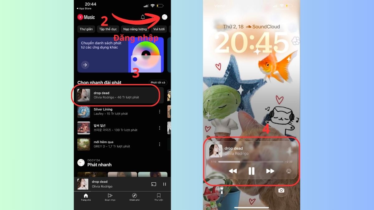 Đăng nhập tài khoản và chọn bài hát để trải nghiệm nghe nhạc YouTube chạy nền trên YouTube Music.