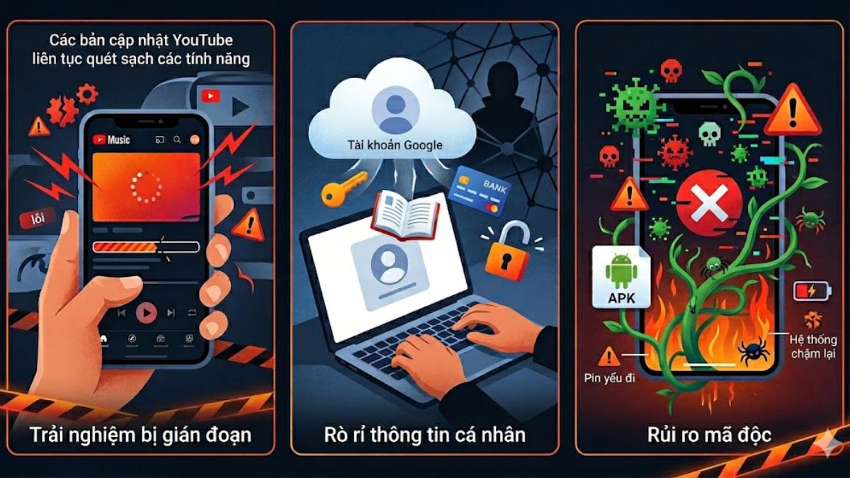 Ba rủi ro lớn về bảo mật và mã độc khi tìm cách nghe nhạc trên Youtube khi tắt màn hình bằng app lậu.