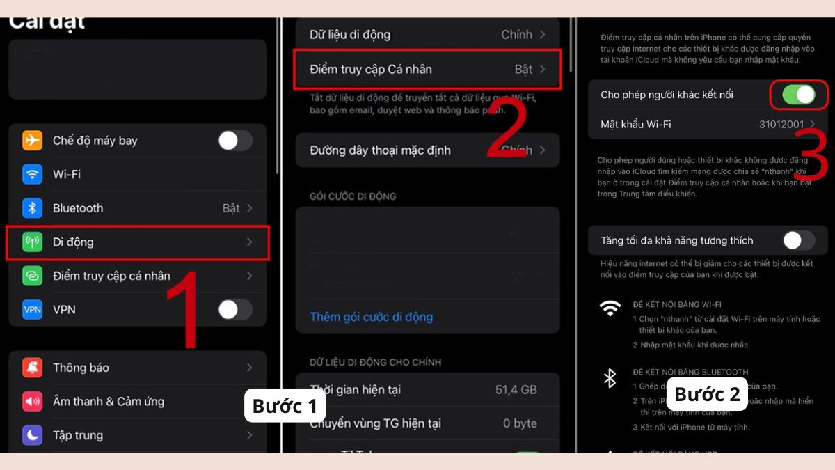 Các bước thiết lập trong cài đặt theo cách phát wifi trên iphone 13 pro max.