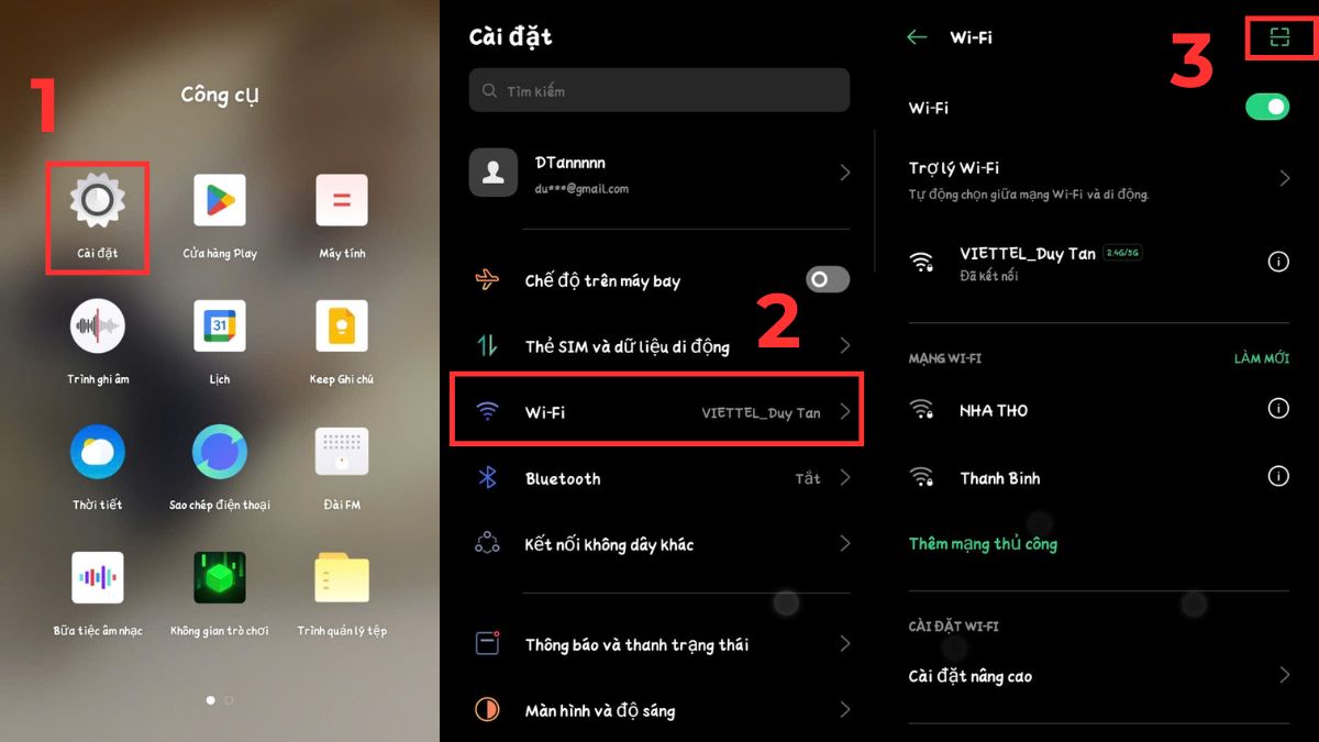Bước 1 trong cách quét mã QR WiFi trên Oppo bằng Cài đặt: Truy cập Cài đặt và chọn Wi-Fi để mở tính năng quét mã QR trên điện thoại