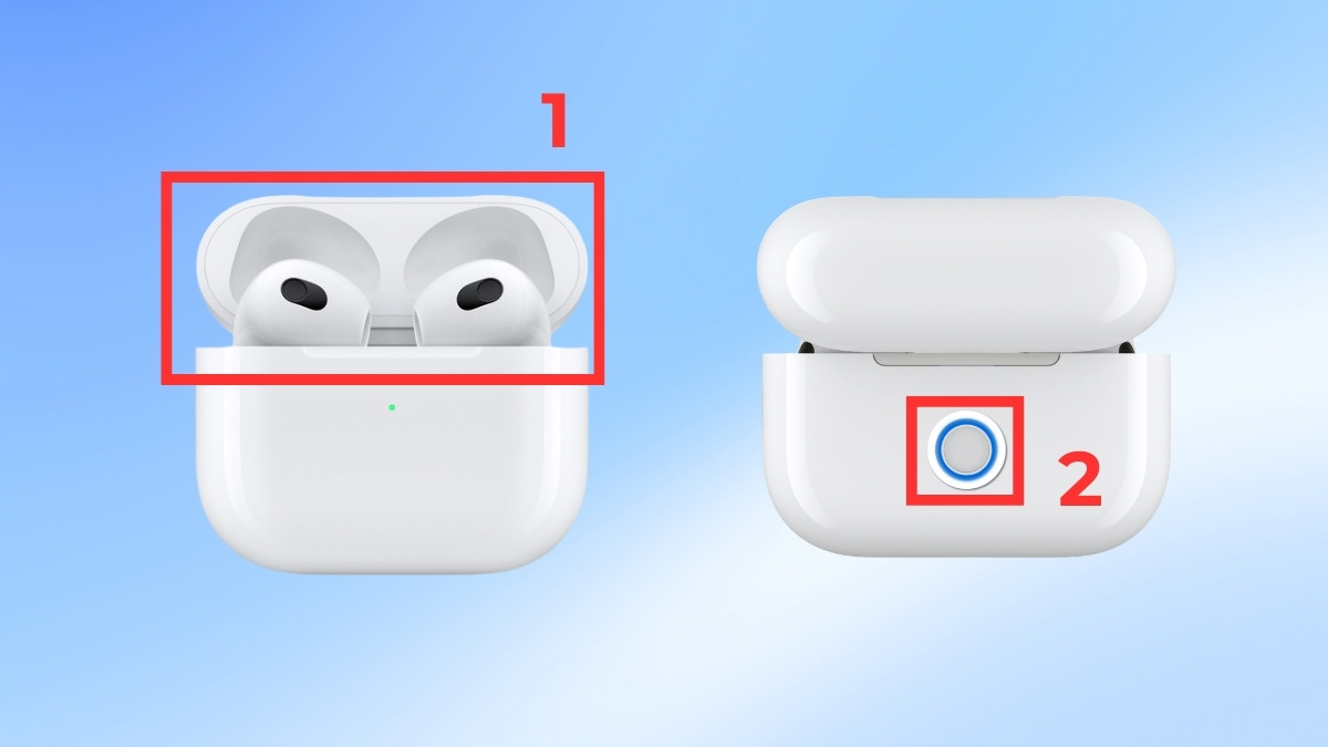 Nhấn giữ nút nguồn trên hộp sạc để tìm hiểu airpods 3 cách sử dụng với Mac.