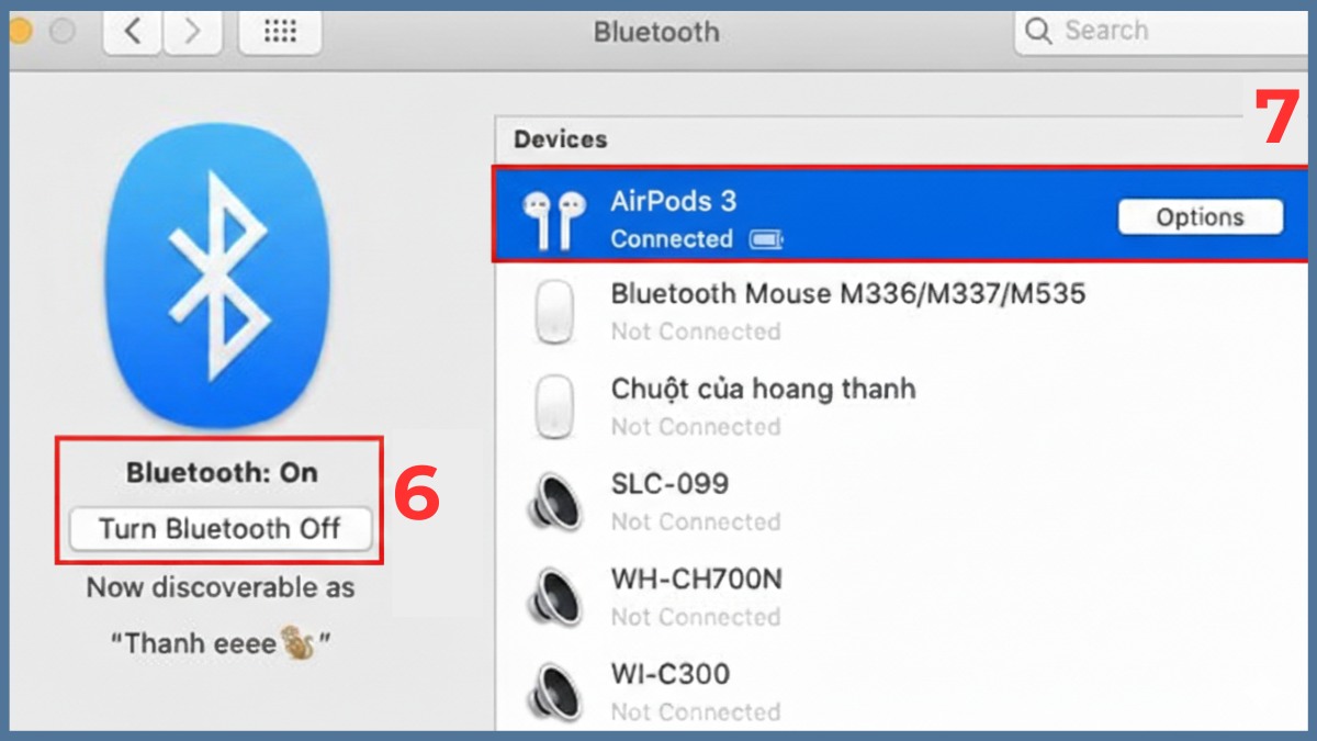 Danh sách thiết bị Bluetooth hiển thị tên thiết bị khi thực hiện cách xài airpods 3.