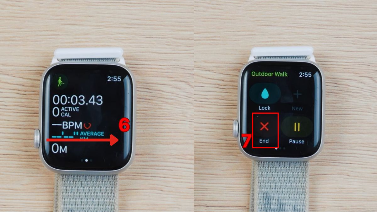 Thao tác vuốt màn hình để kết thúc buổi tập khi thực hiện cách sử dụng apple watch series 10.