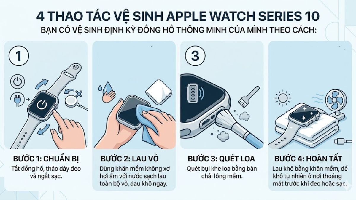 Hướng dẫn 4 thao tác vệ sinh máy đúng chuẩn trong cách sử dụng apple watch series 10.