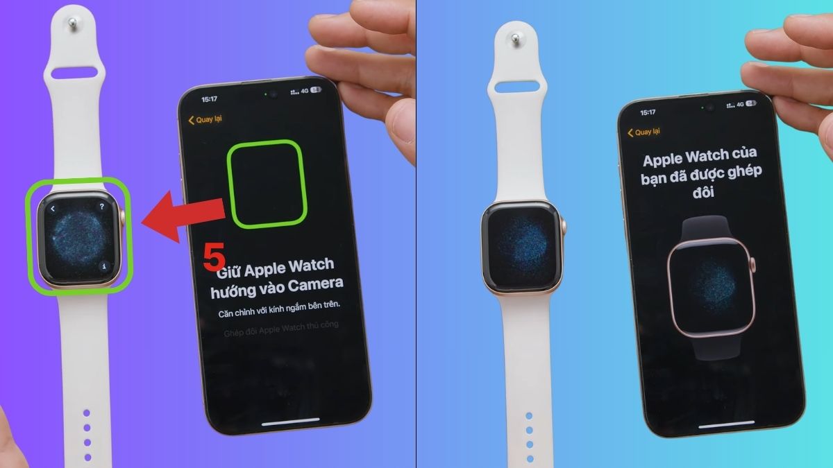 Quét màn hình đồng hồ bằng camera để hoàn tất cách kết nối Apple Watch 10 với iPhone.