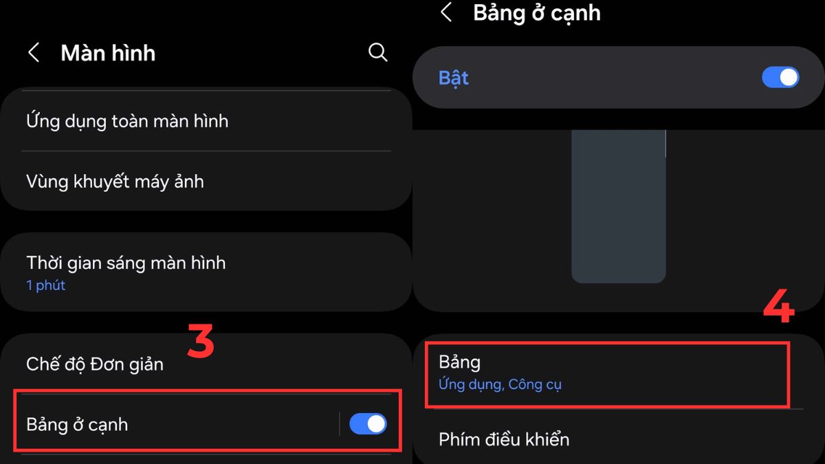 Cách dùng la bàn trên điện thoại Samsung (Android): Trong Màn hình, chọn mục Bảng ở cạnh và vào Bảng để tùy chỉnh công cụ.