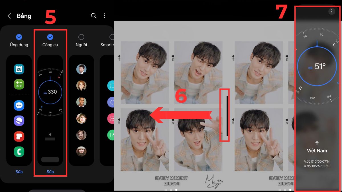 Cách sử dụng la bàn trên điện thoại Samsung (Android): Kích hoạt và sử dụng tính năng la bàn trong điện thoại từ mục Công cụ của Bảng ở cạnh.