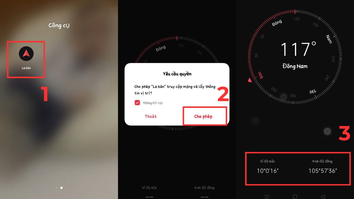 Hướng dẫn sử dụng la bàn điện thoại Android: Mở ứng dụng La bàn, cấp quyền truy cập và xem tọa độ, vị độ, kinh độ.