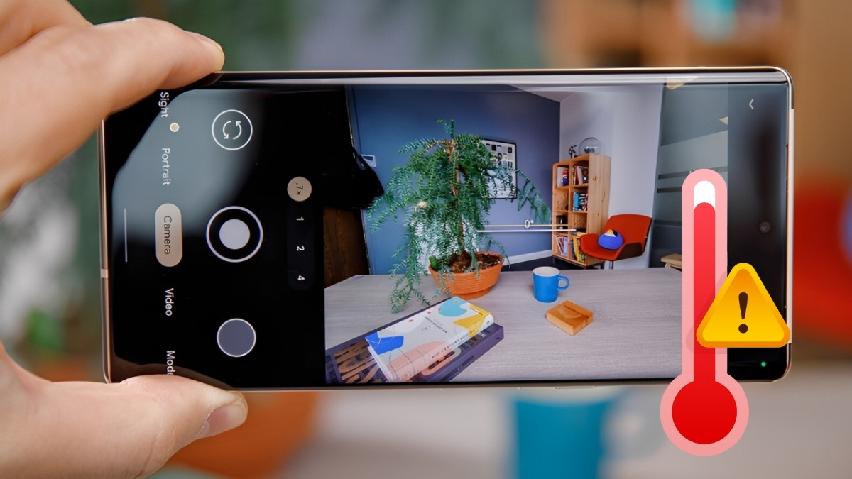 Màn hình điện thoại có ứng dụng camera và biểu tượng nhiệt kế, minh họa nguyên nhân lỗi máy ảnh samsung do quá nóng.