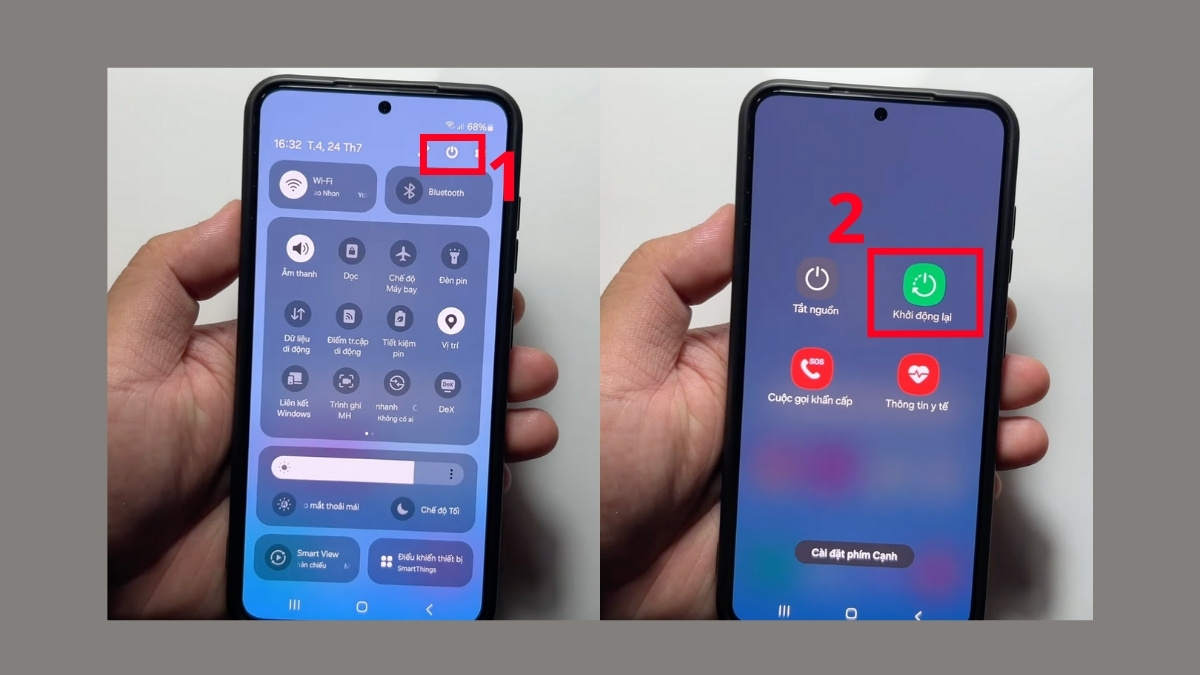 Màn hình điện thoại Samsung, chọn biểu tượng Tắt nguồn rồi chọn Khởi động lại để khắc phục lỗi máy ảnh trên Samsung.