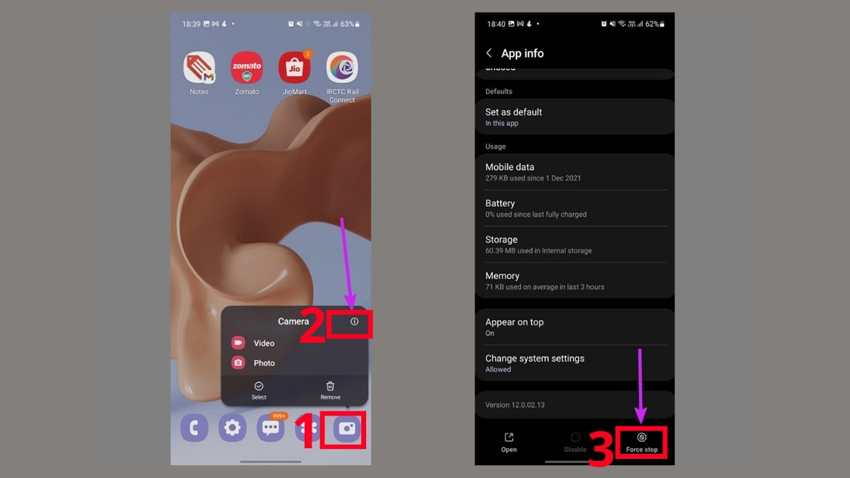 Các bước chọn biểu tượng (i) rồi Buộc dừng (Force stop) ứng dụng Camera, cách sửa máy ảnh samsung bị lỗi.