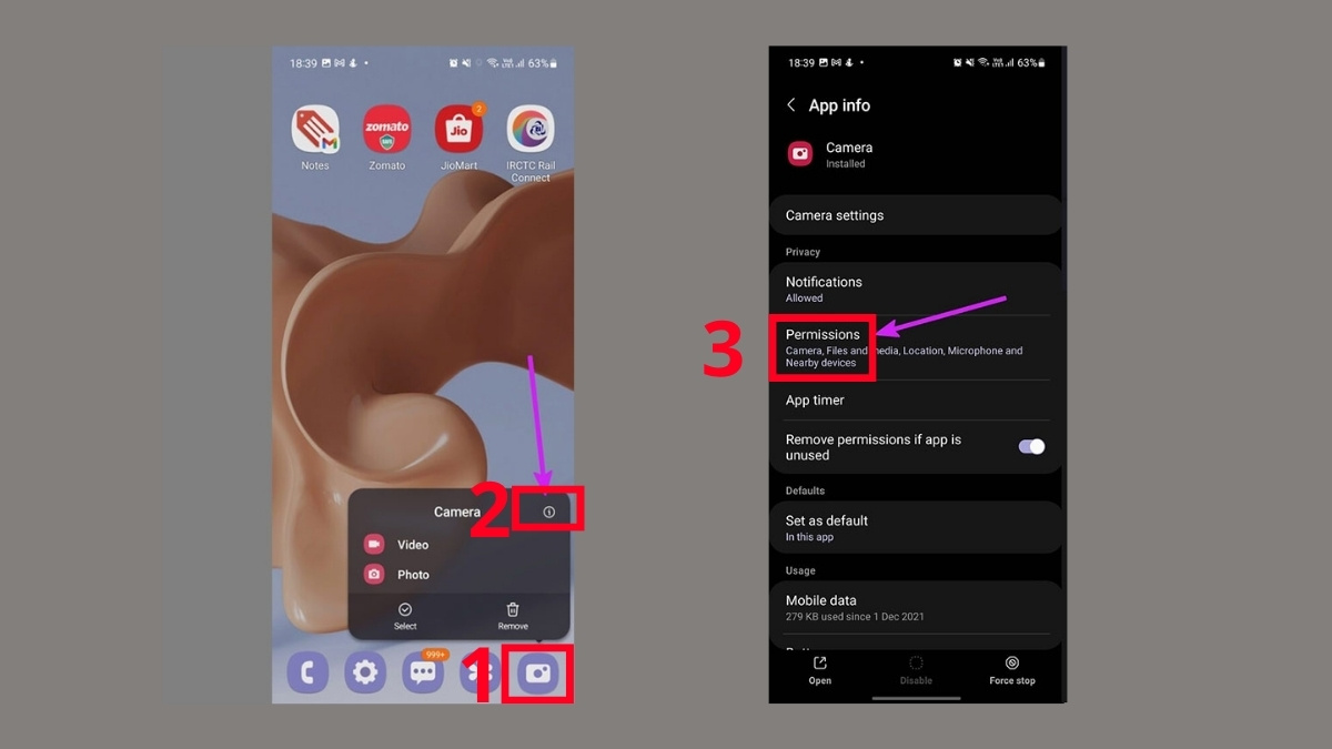 Các bước truy cập mục Permissions (Quyền) của ứng dụng Camera để khắc phục camera điện thoại.