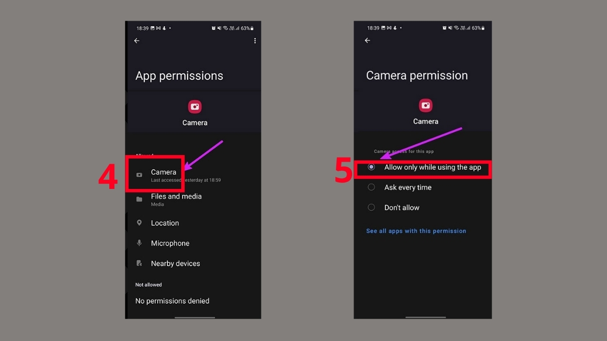 Màn hình cài đặt cấp quyền Camera permission, chọn Allow only while using the app, cách sửa máy ảnh samsung bị lỗi.
