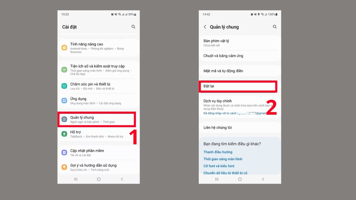 Các bước vào Quản lý chung rồi chọn Đặt lại để khôi phục cài đặt, cách sửa máy ảnh samsung bị lỗi.