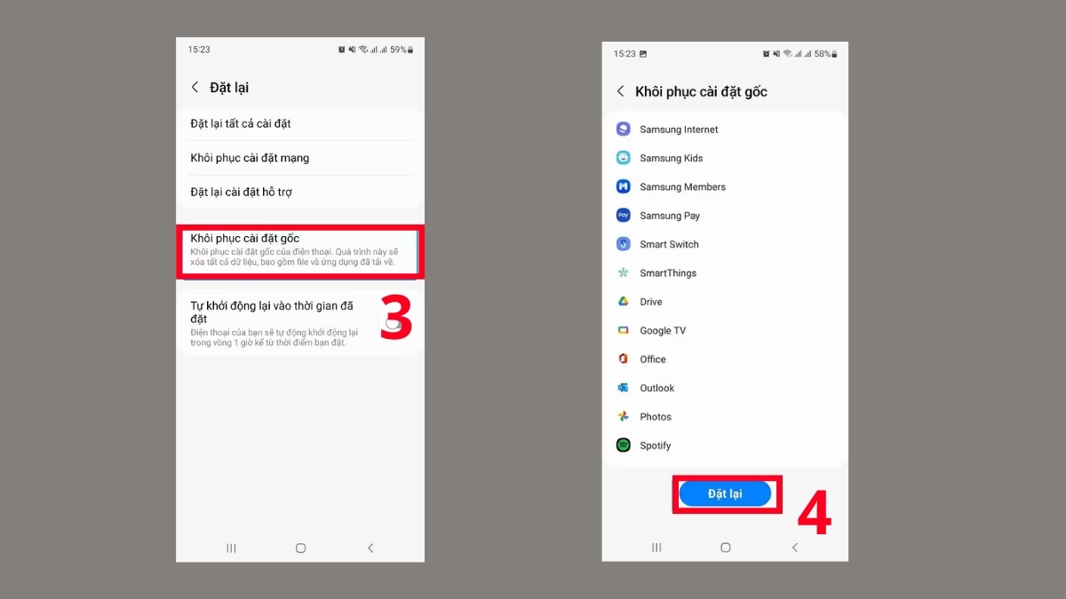 Chọn Khôi phục cài đặt gốc và Đặt lại trong cài đặt để sửa máy ảnh samsung bị lỗi phần mềm.