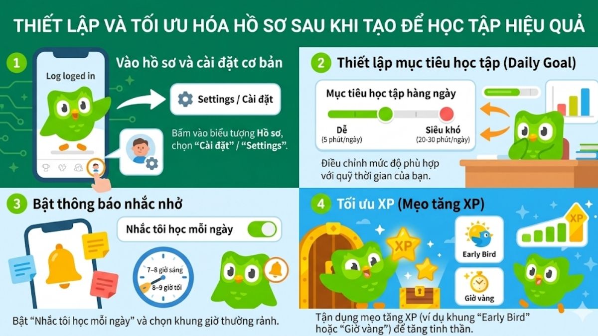 Đồ họa hướng dẫn tối ưu cài đặt sau khi thực hiện cách tạo hồ sơ trên duolingo.