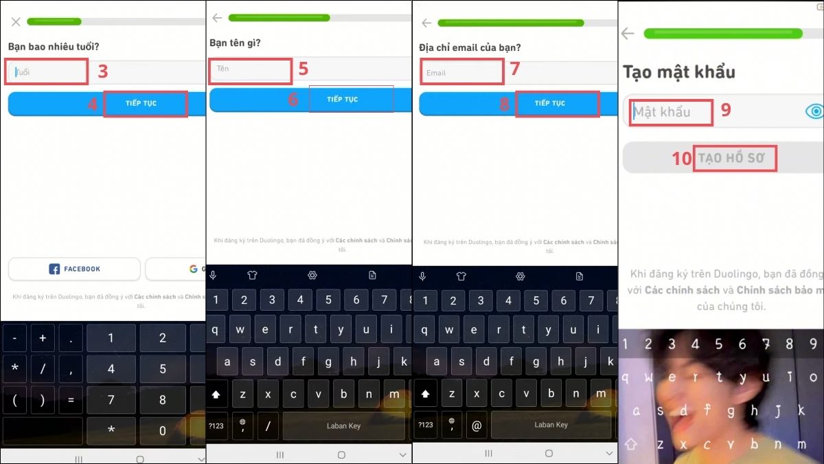 Điền thông tin cá nhân của bé theo cách tạo hồ sơ trên duolingo trên điện thoại.