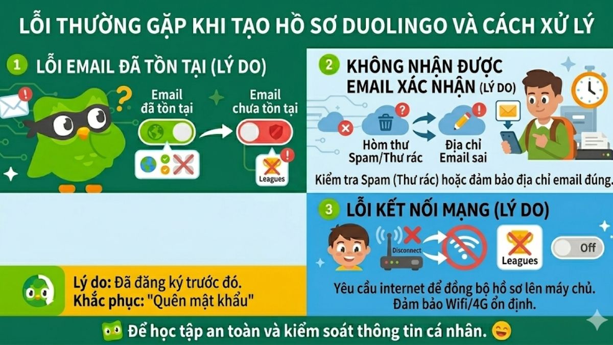 Các lỗi thường gặp và cách khắc phục khi thực hiện cách tạo hồ sơ trên duolingo.