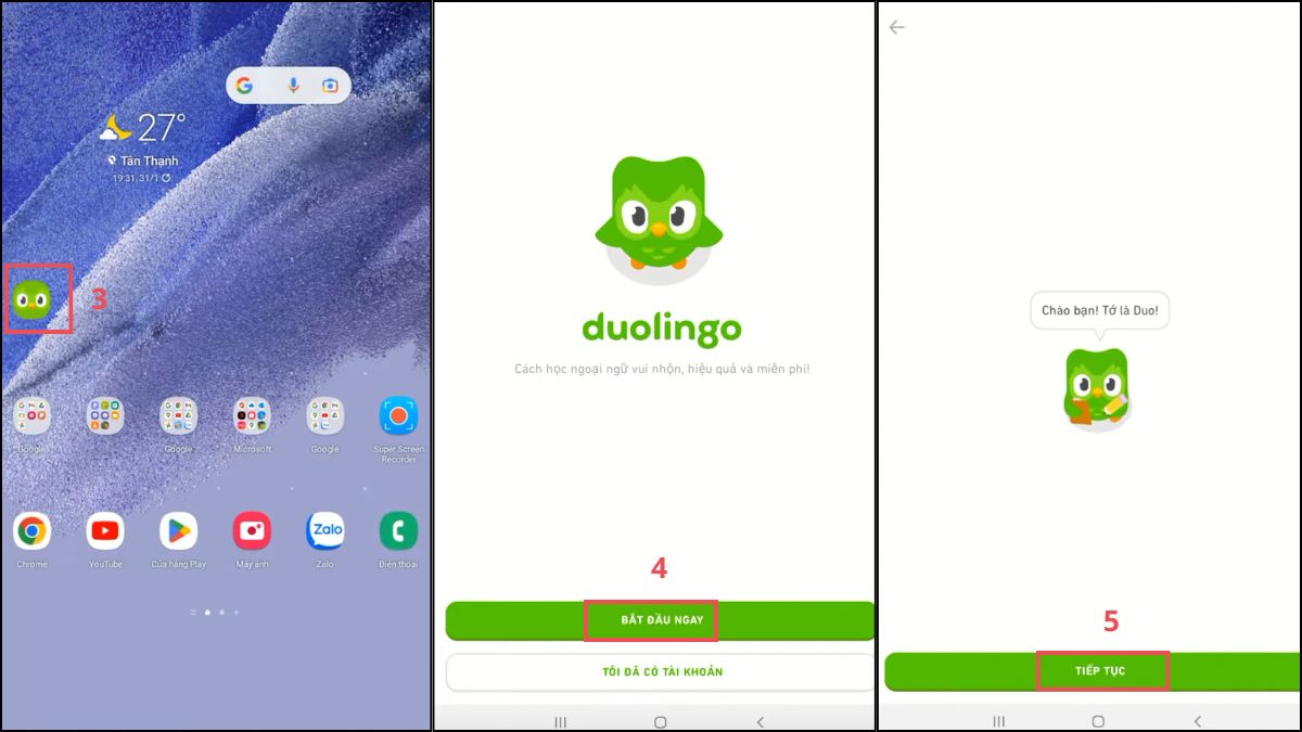 Giao diện khởi động khi thực hiện cách tạo hồ sơ trên duolingo.